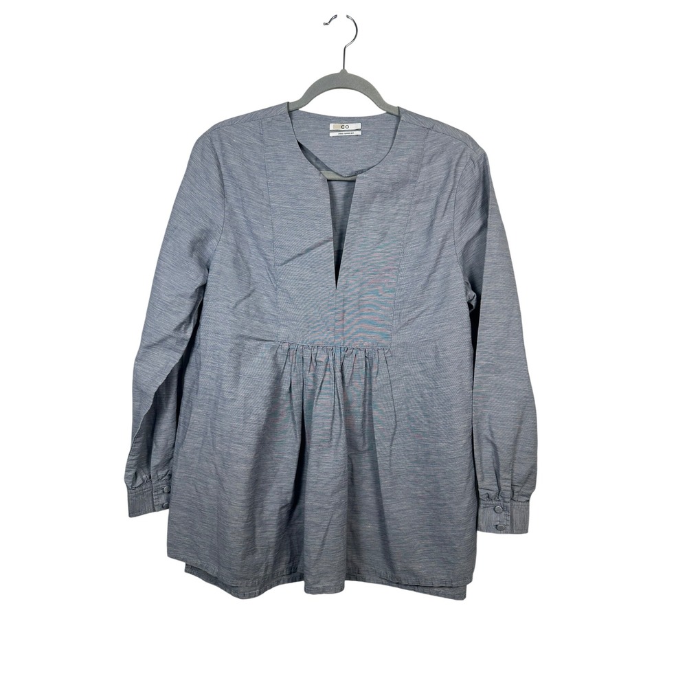 CO Tunic Top Womens Small Blue Excellent Italian Linen Blend Split Neck SS19